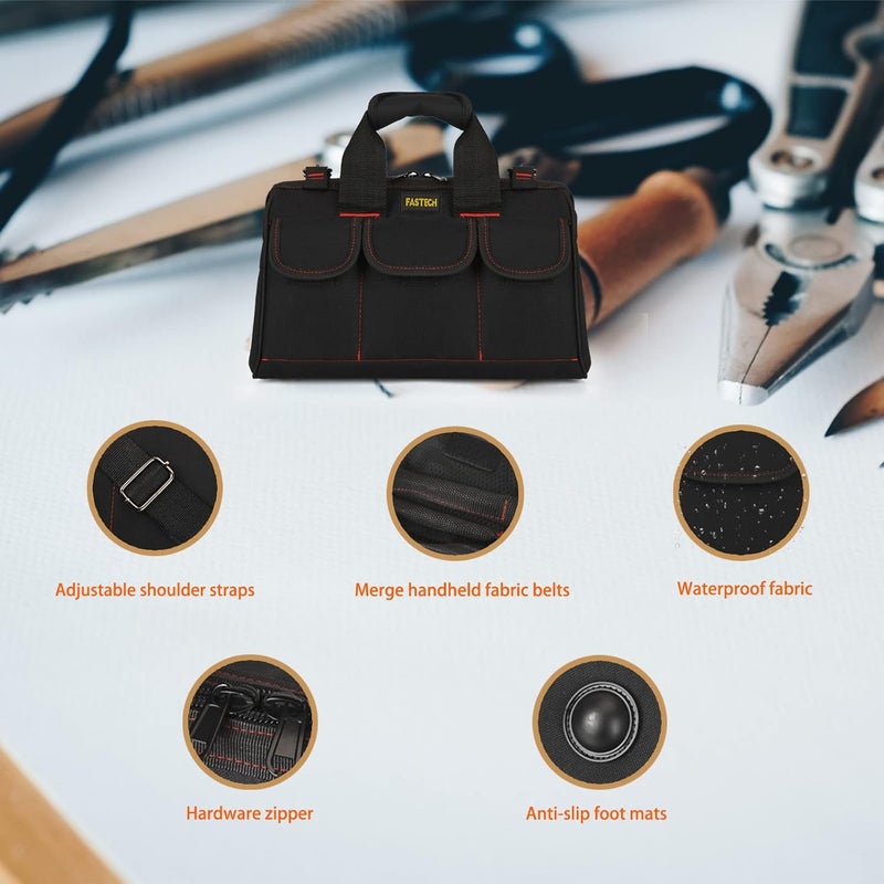 FSATECH 14-inch Heavy Duty Toosl Bag With Wide Mouth for Tool Storage, Carrier and Organizer, Tool Tote Bag For Men, Wide Mouth Tool Bag With Inside Pockets (14 Inch) - Image 2